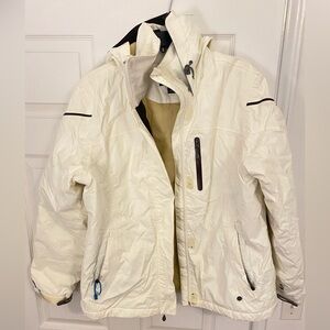 Lands’ end weather proof down jacket with hood, white, size M(8-10)